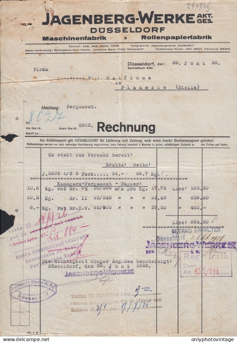 Dusseldorf 1926 - Jagenberg Werke - Fattura Epoca - 1900 – 1949