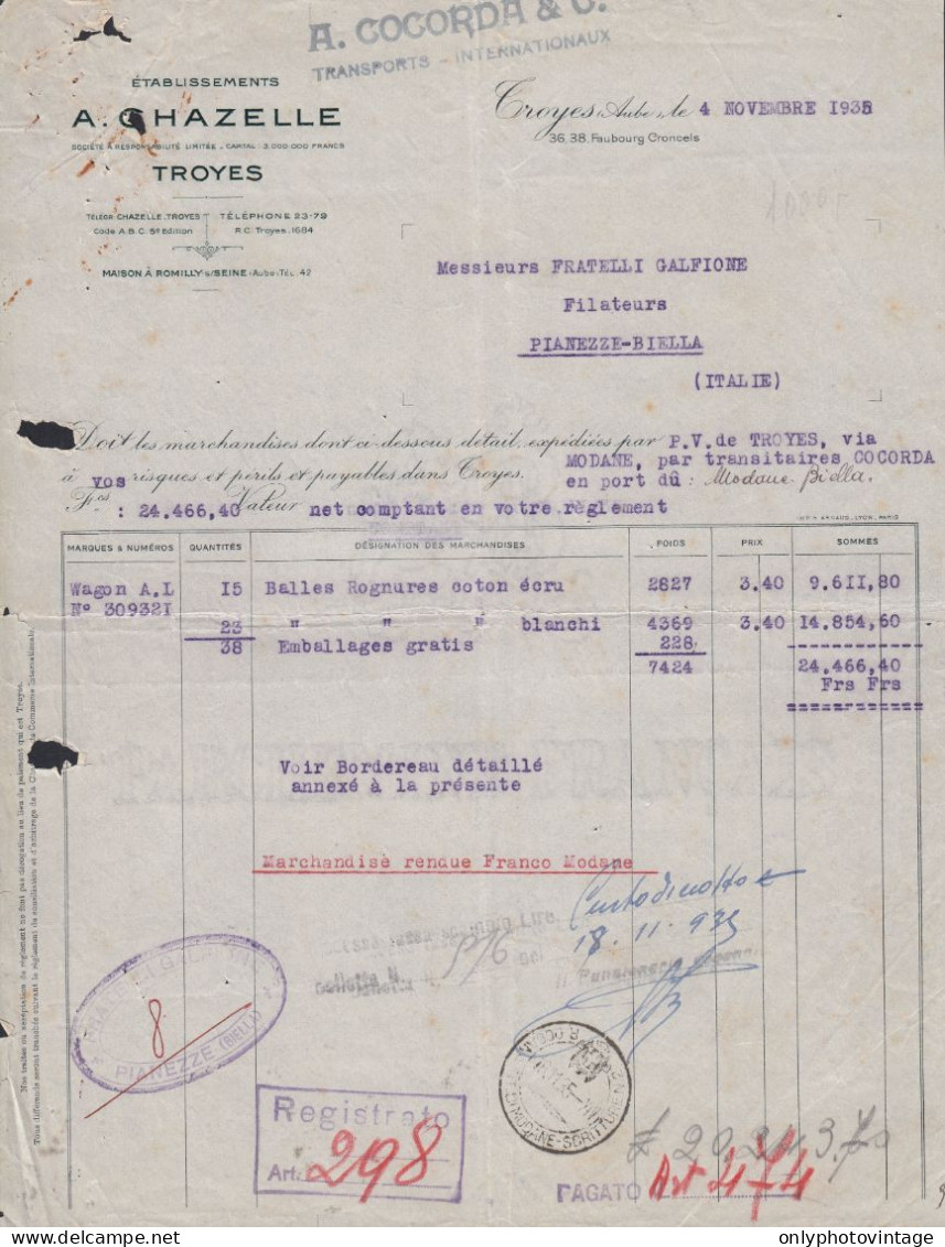 Troyes 1935 - Etablissements A. Chazelle - Fattura Epoca - 1900 – 1949