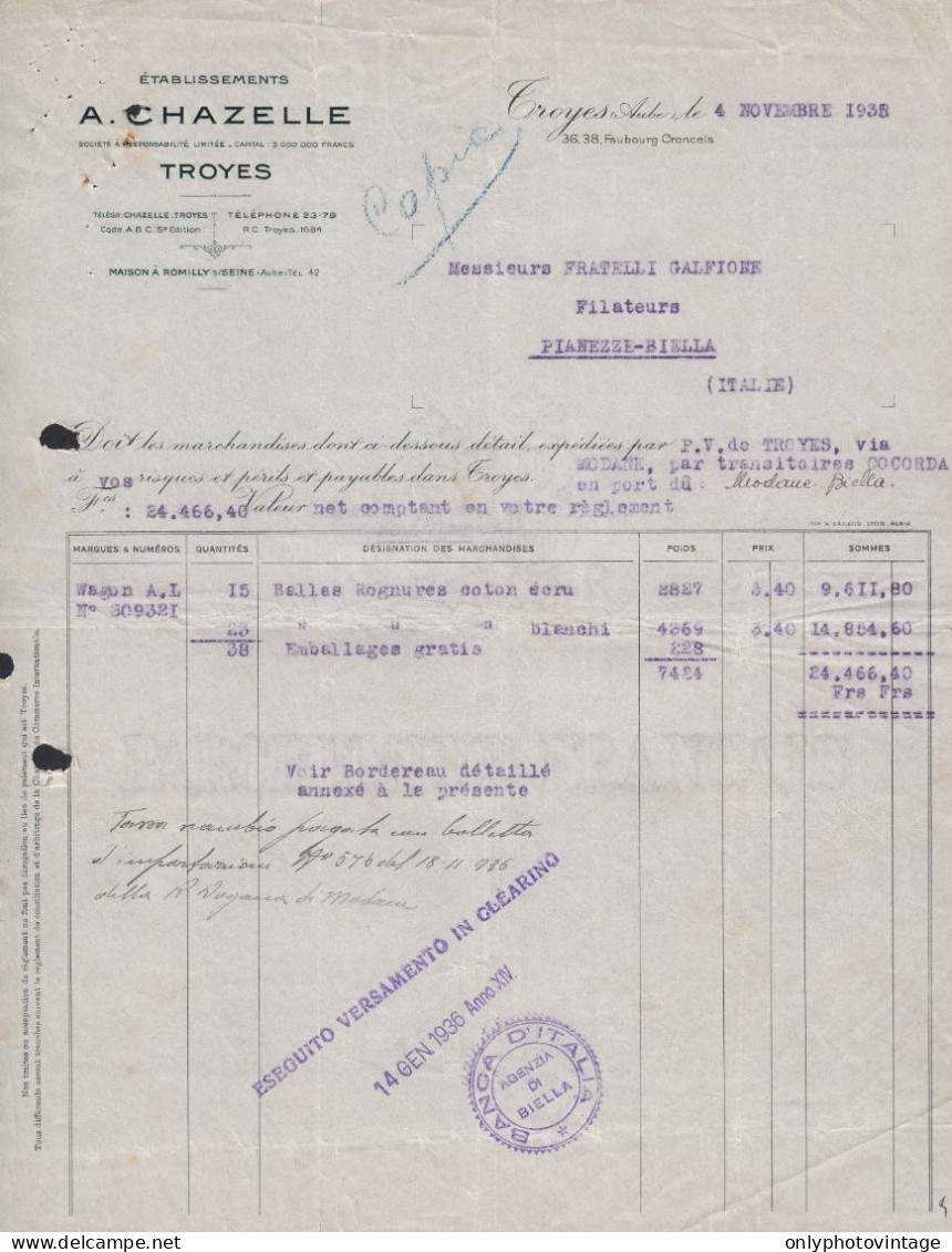 Troyes 1935 - Etablissements A. Chazelle - Fattura Epoca - 1900 – 1949