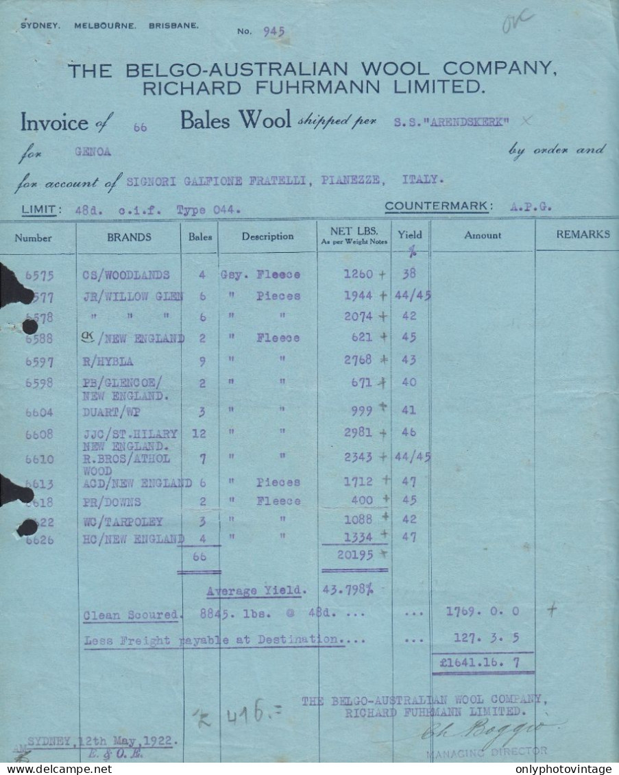 The Belgo-Australian Wool Company Richard Fuhrmann Limited - Fattura 1922 - Australien