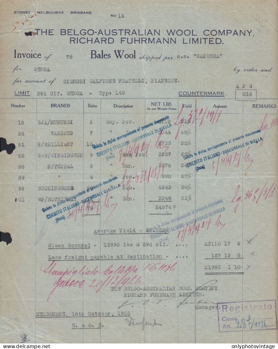 The Belgo-Australian Wool Company Richard Fuhrmann Limited - Fattura 1926 - Australia