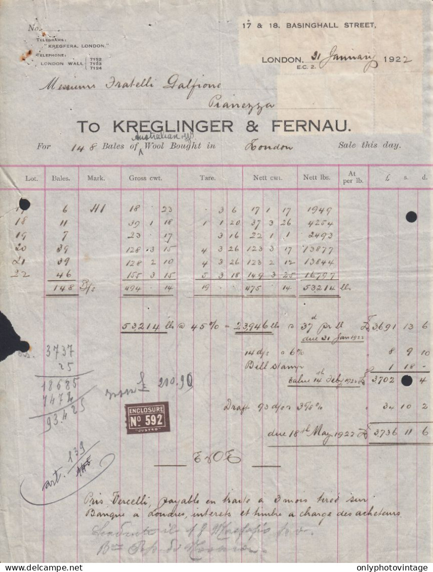 London 1922 - Kreglinger & Fernau - Fattura Epoca - Marche Da Bollo - Olathe