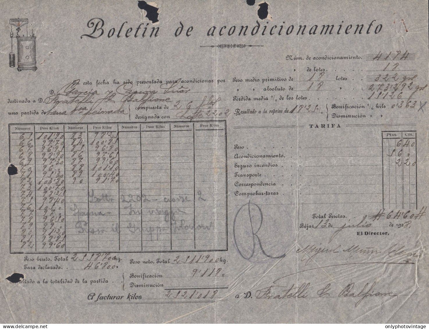 Fuentes De Béjar 1928 - Boletin De Acondicionamiento - Fattura Epoca - España