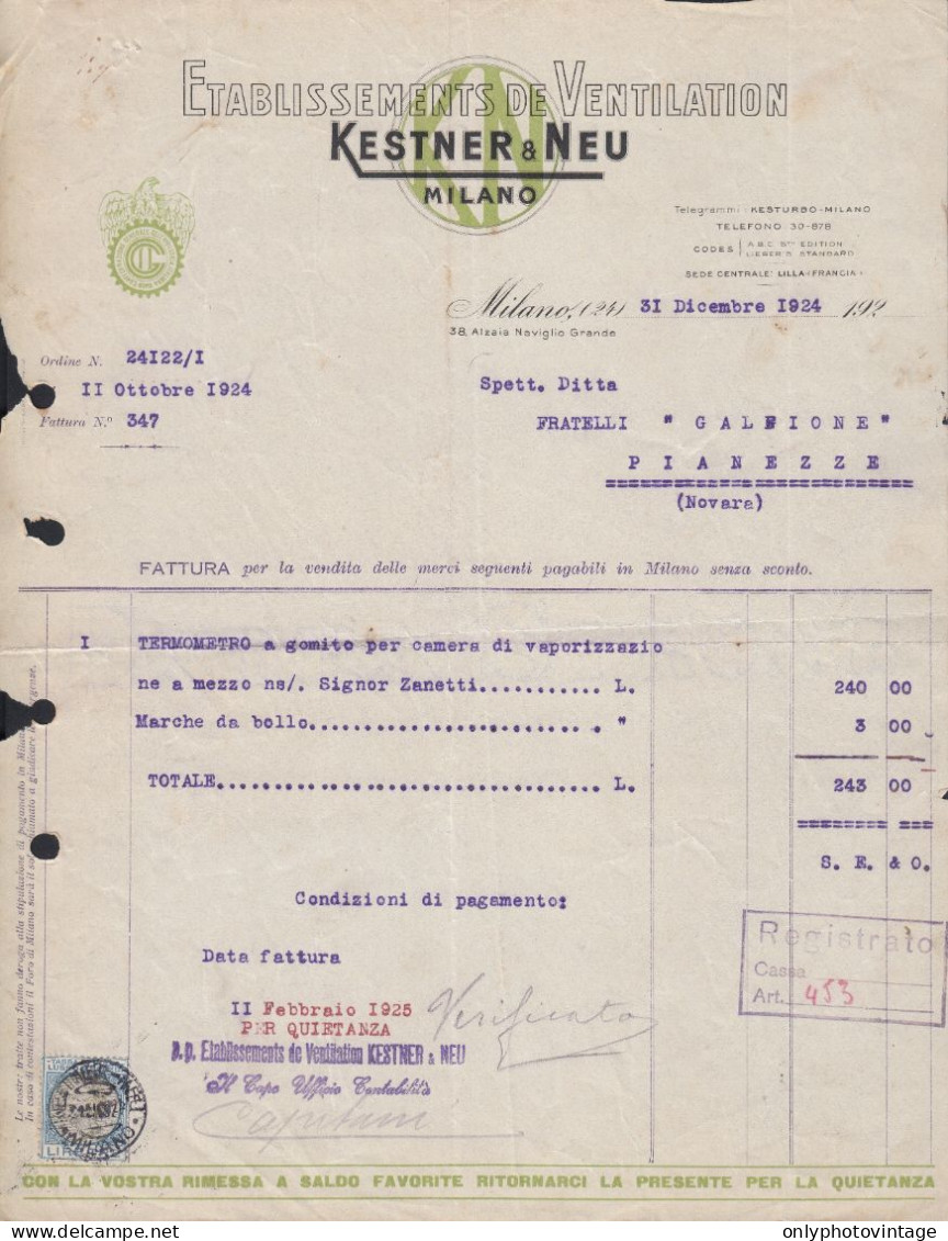 Milano 1924 - Etablissements De Ventilation Kestner A Neu - Fattura Epoca - Italie