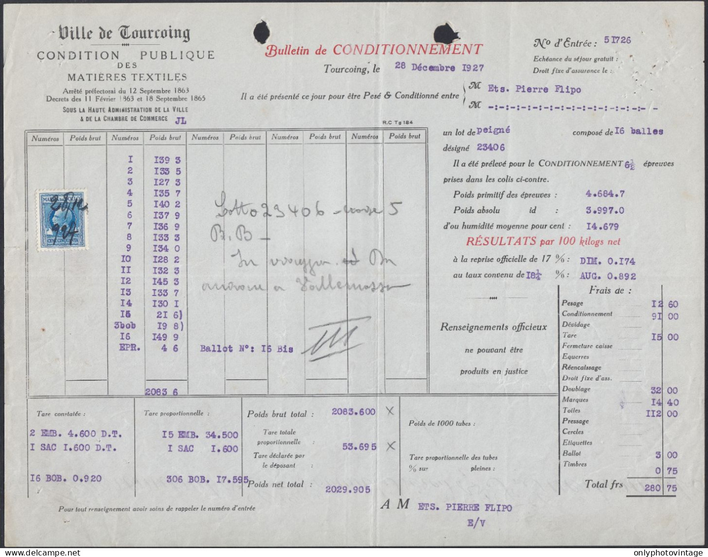 Ville De Tourcoing 1927 - Bulletin De Conditionnement - Fattura - Marca - 1900 – 1949