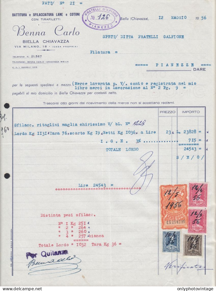 Chiavazza 1956 - Benna Carlo - Sfilacciatura Lane E Cotoni - Fattura - Italia