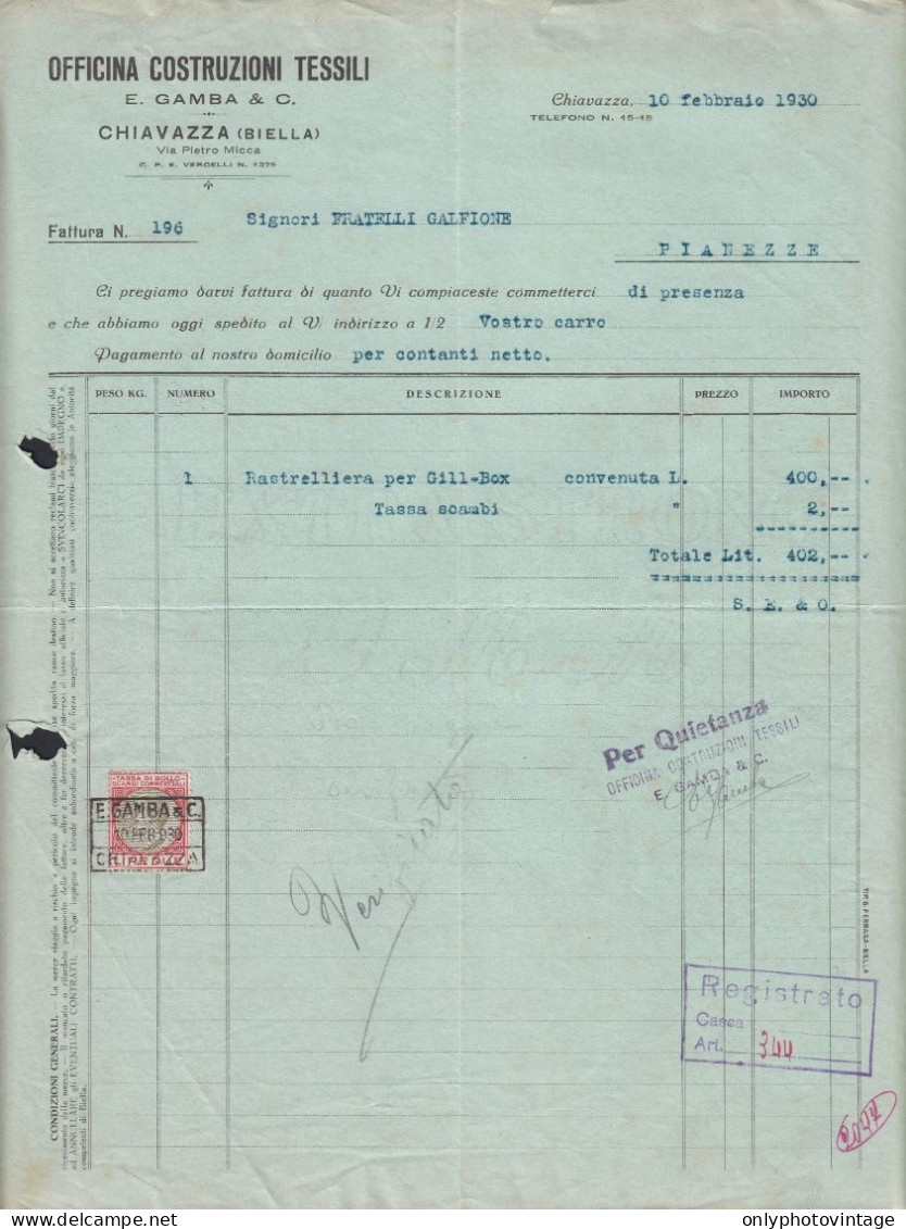 Chiavazza (Biella) 1930 - E. Gamba & C. - Officina Tessile - Fattura - Italien