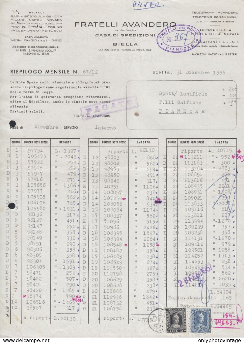 Biella 1956 - Fratelli Avandero - Casa Di Spedizione - Fattura Epoca - Italy