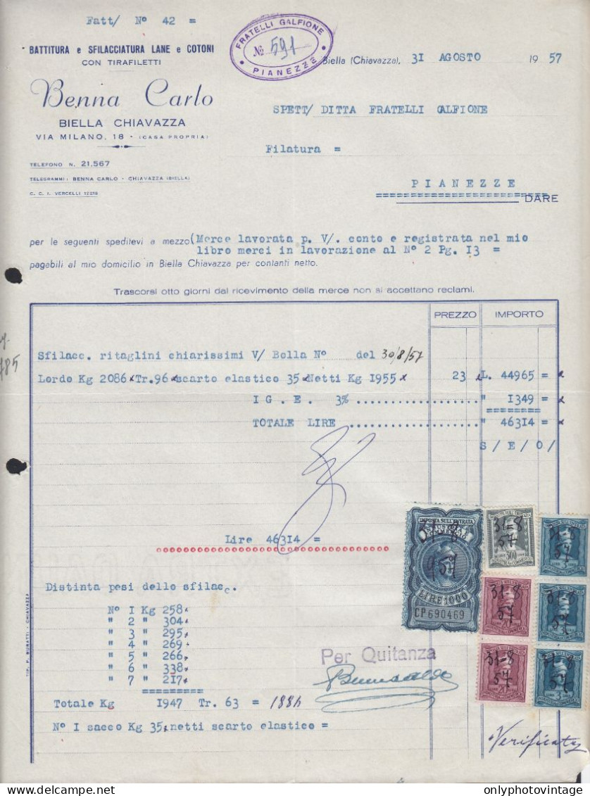 Chiavazza 1957 - Benna Carlo - Sfilacciatura Lane E Cotoni - Fattura - Italie