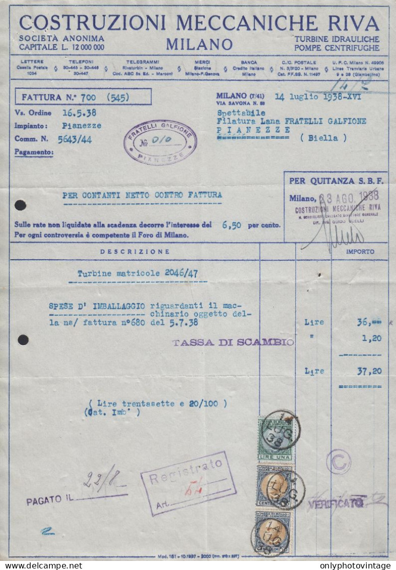 Milano 1938 - Costruzioni Meccaniche Riva - Fattura Epoca - Marche Bollo - Italia
