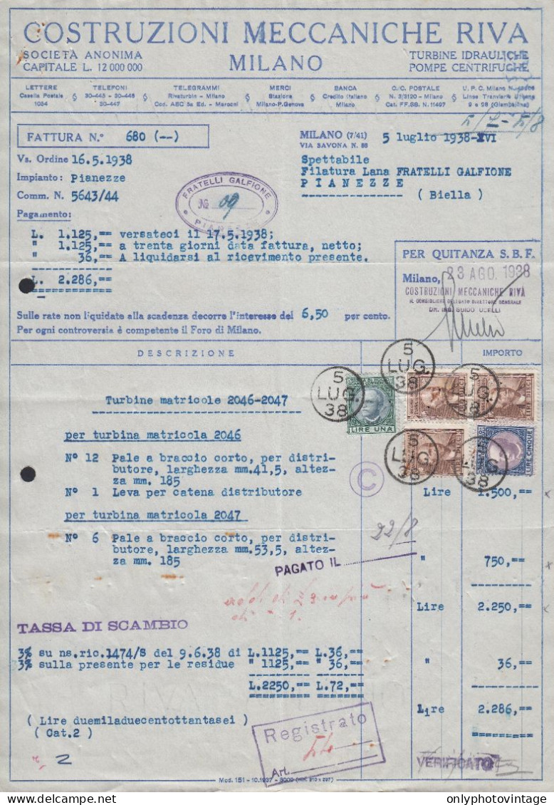 Milano 1938 - Costruzioni Meccaniche Riva - Fattura Epoca - Marche Bollo - Italia