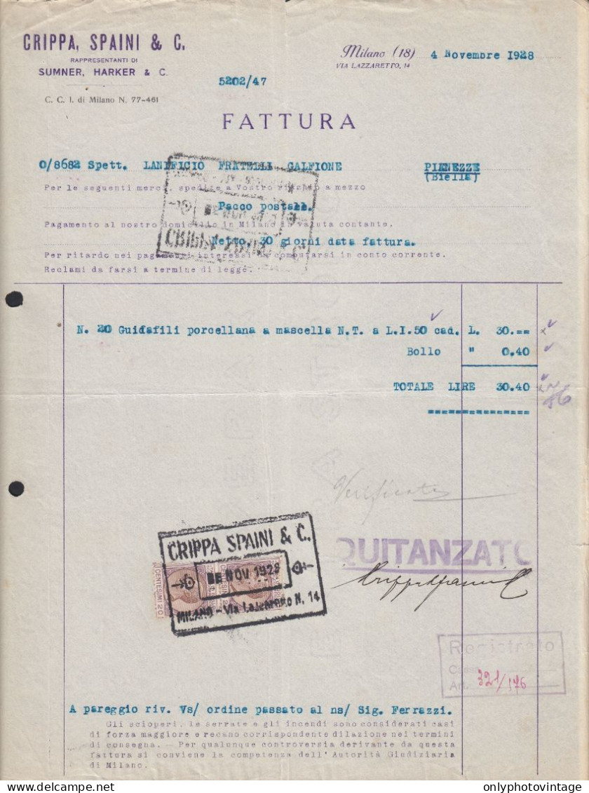 Milano 1928 - Crippa Spaini & C. - Fattura Epoca - Marche Da Bollo - Italien