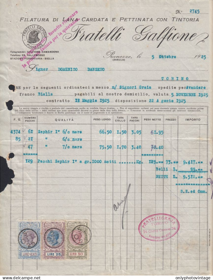 Pianezze (Biella) 1925 -. Fratelli Galfione - Filatura Di Lana - Fattura - Italien