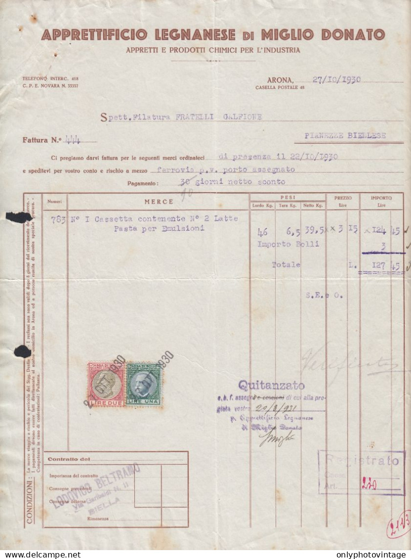 Arona 1930 - Apprettificio Legnanese Di Miglio Donato - Fattura Epoca - Italy