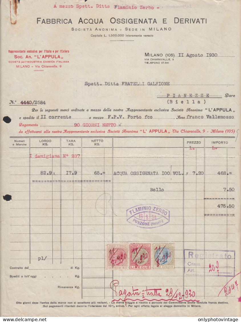 Milano 1930 - Fabbrica Acqua Ossigenata E Derivati - Fattura Epoca - Italien