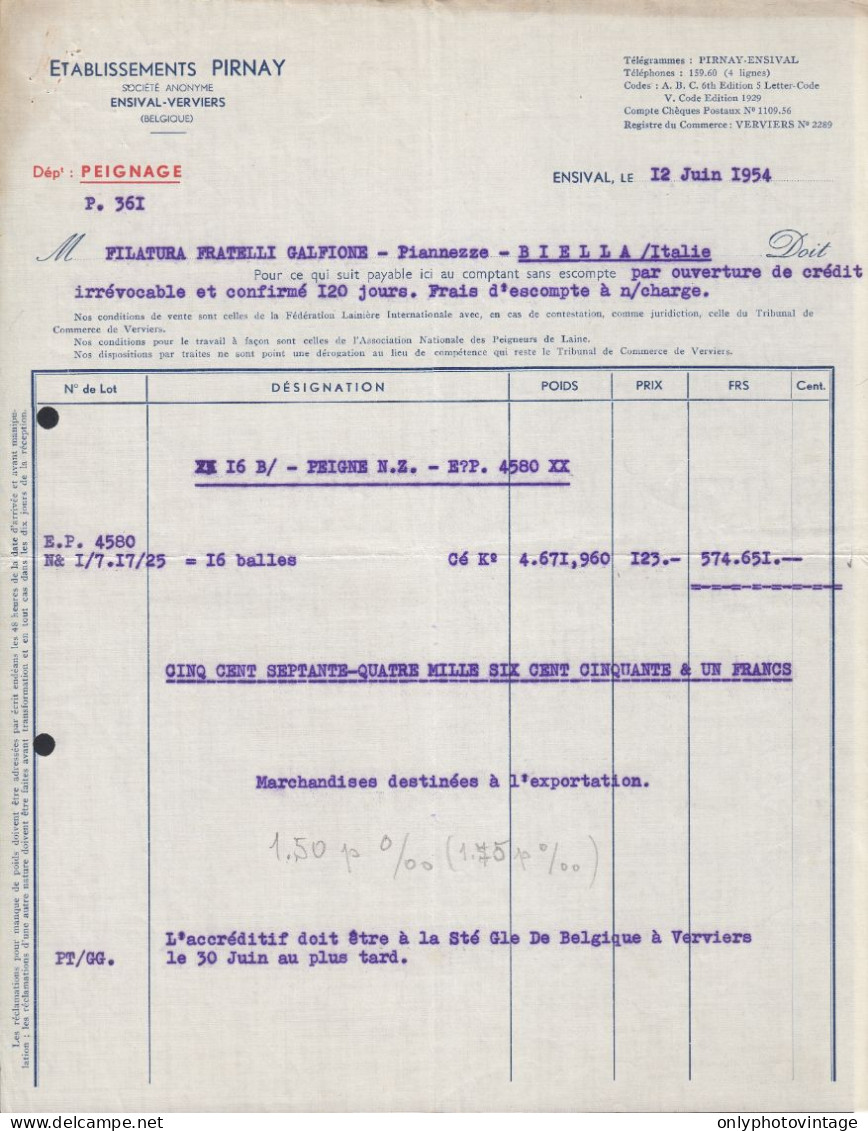 Ensival-Verviers 1954 - Etablissements Pirnay - Fattura Epoca - 1950 - ...