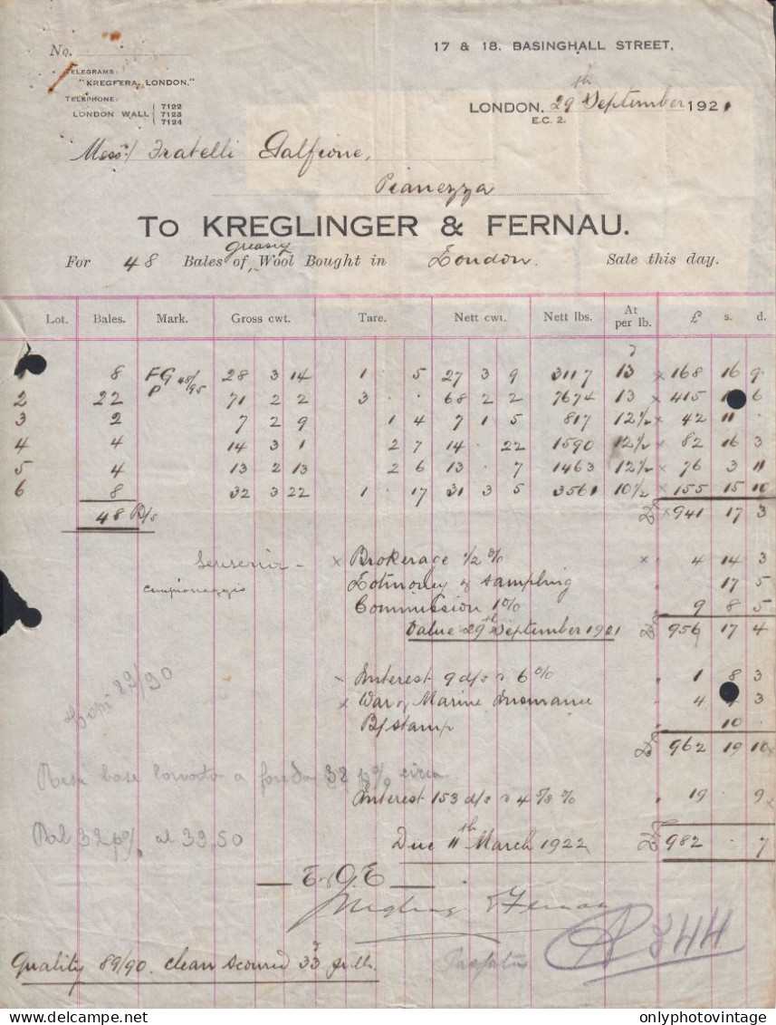 London 1922 - Kreglinger & Fernau - Fattura Epoca - Marche Da Bollo - United Kingdom