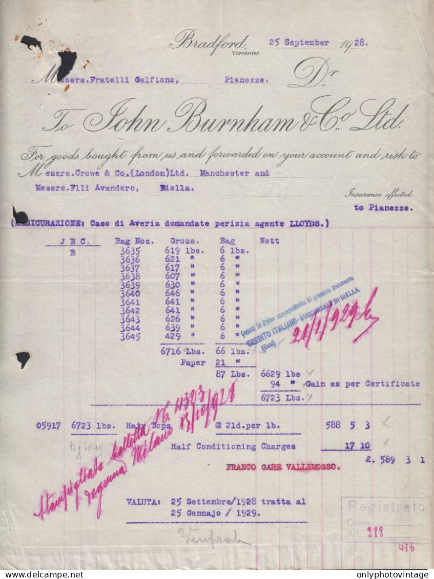 Bradford 1928 - John Burnham & Co. Ltd - Fattura Epoca - Royaume-Uni