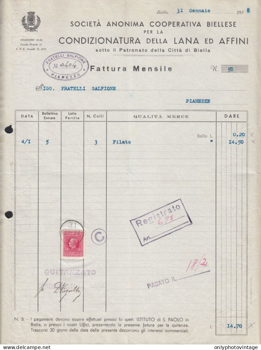 Biella 1938 - Cooperativa Biellese Condizionatura Lana - Fattura Epoca - Italien