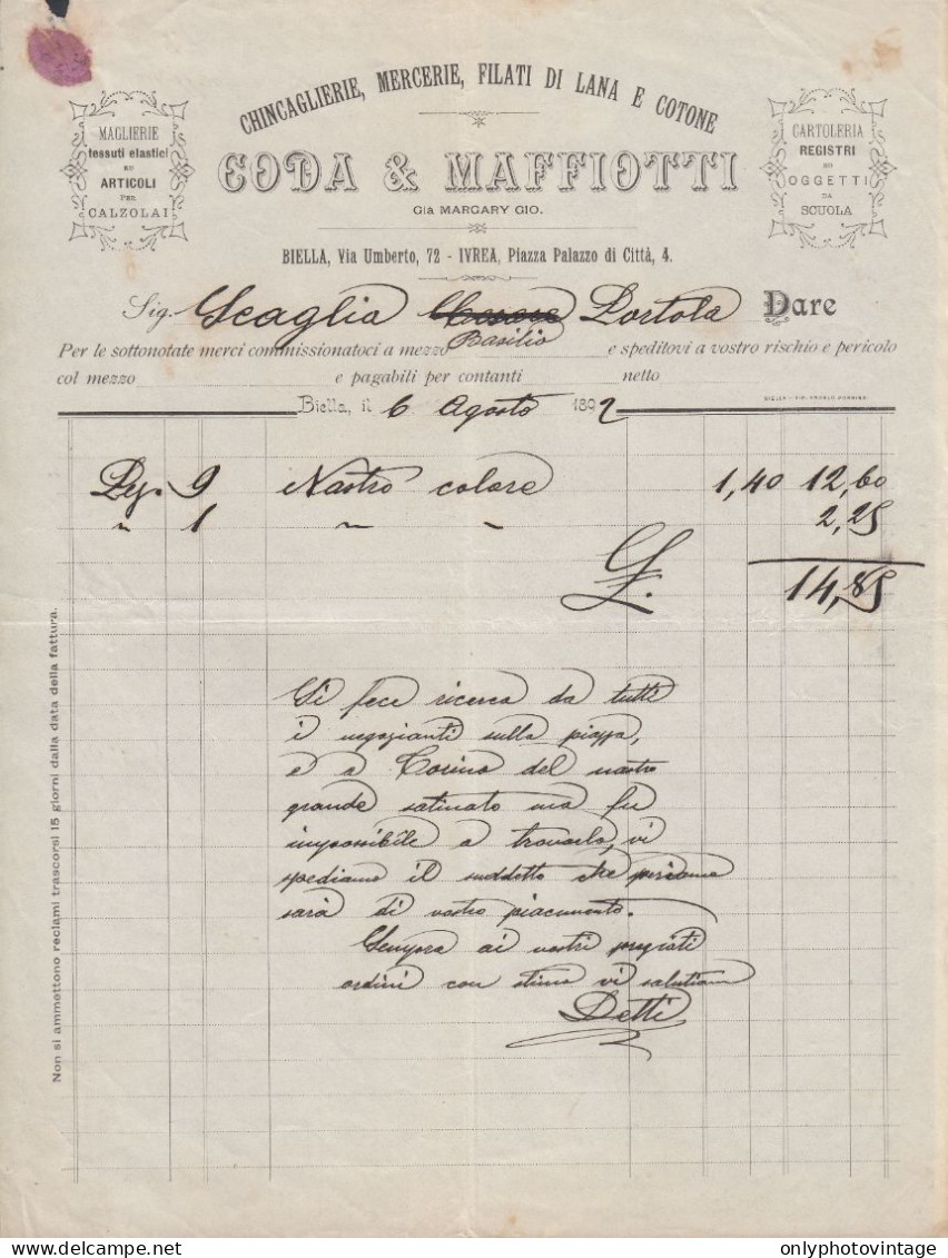 Biella 1892 - Coda E Maffiotti Già Margary Gio. - Filati - Fattura Epoca - Italy