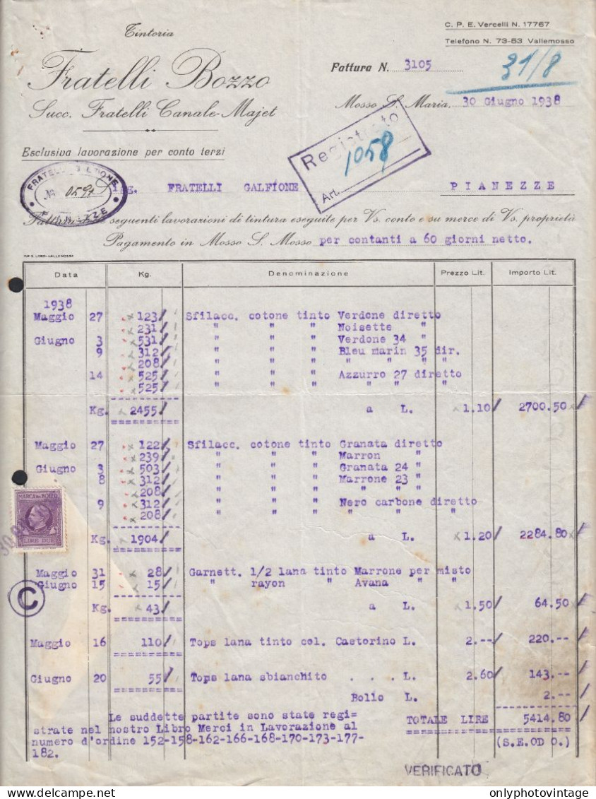 Mosso S. Maria 1938 - Tintoria Fratelli Bozzo - Fattura - Marca Da Bollo - Italia