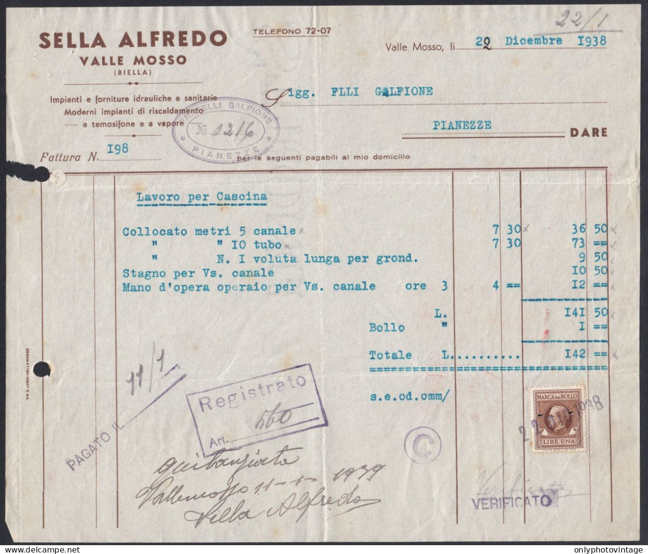 Valle Mosso 1938 - Sella Alfredo - Impianti Idraulici - Fattura Epoca - Italy