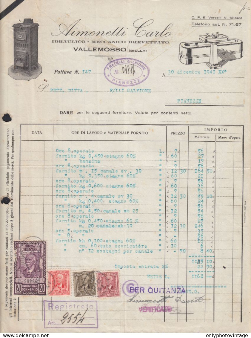 Valle Mosso 1941 - Aimonetti Carlo - Idraulico - Fattura - Marche Bollo - Italy