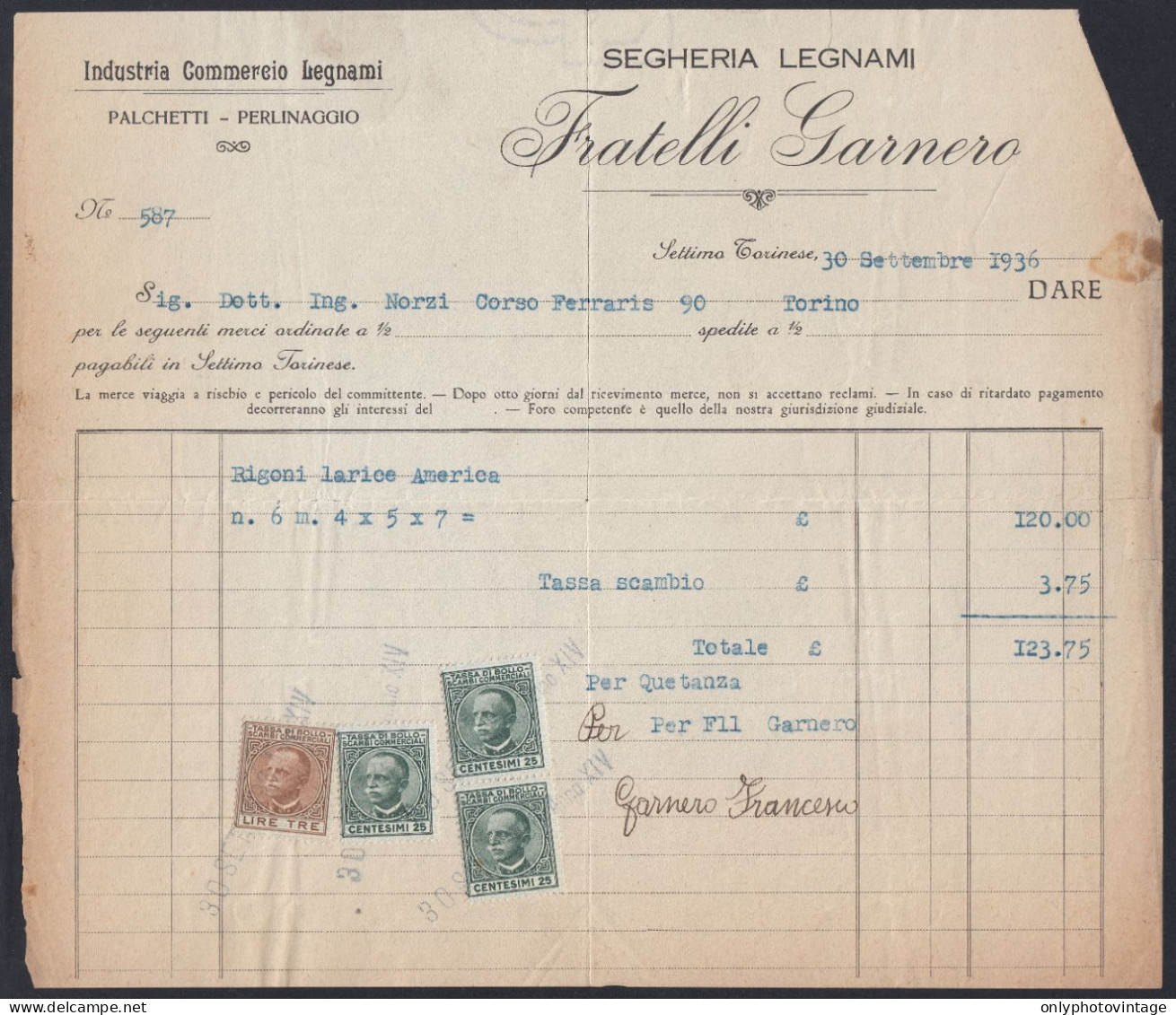 Settimo Torinese 1936 - Fratelli Garnero - Segheria Legnami - Fattura - Italia