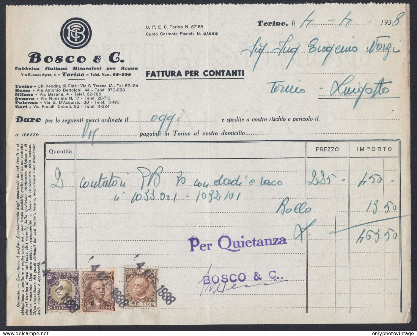 Torino 1938 - Bosco & C. - Fabbrica Italiana Misuratori Acqua - Fattura - Italie
