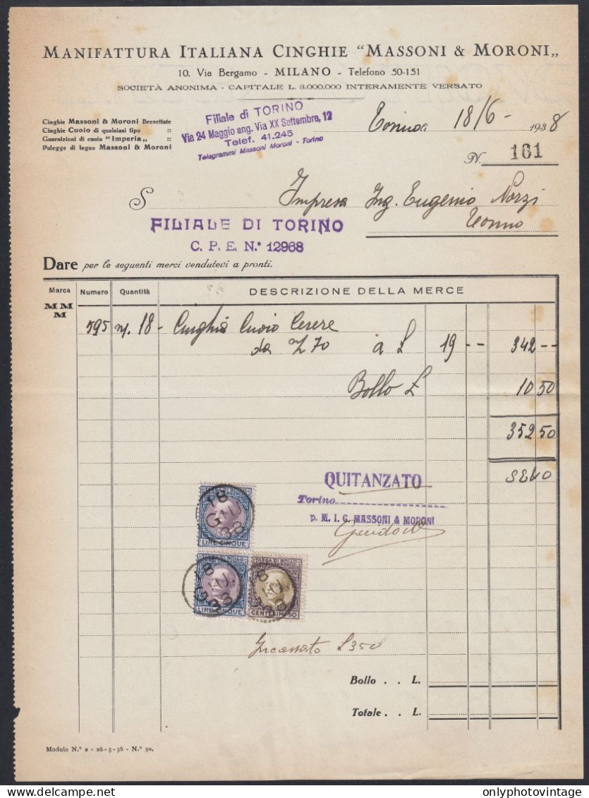 Torino 1938 - Manifattura Italiana Cinghie Massoni & Moroni - Fattura - Italia