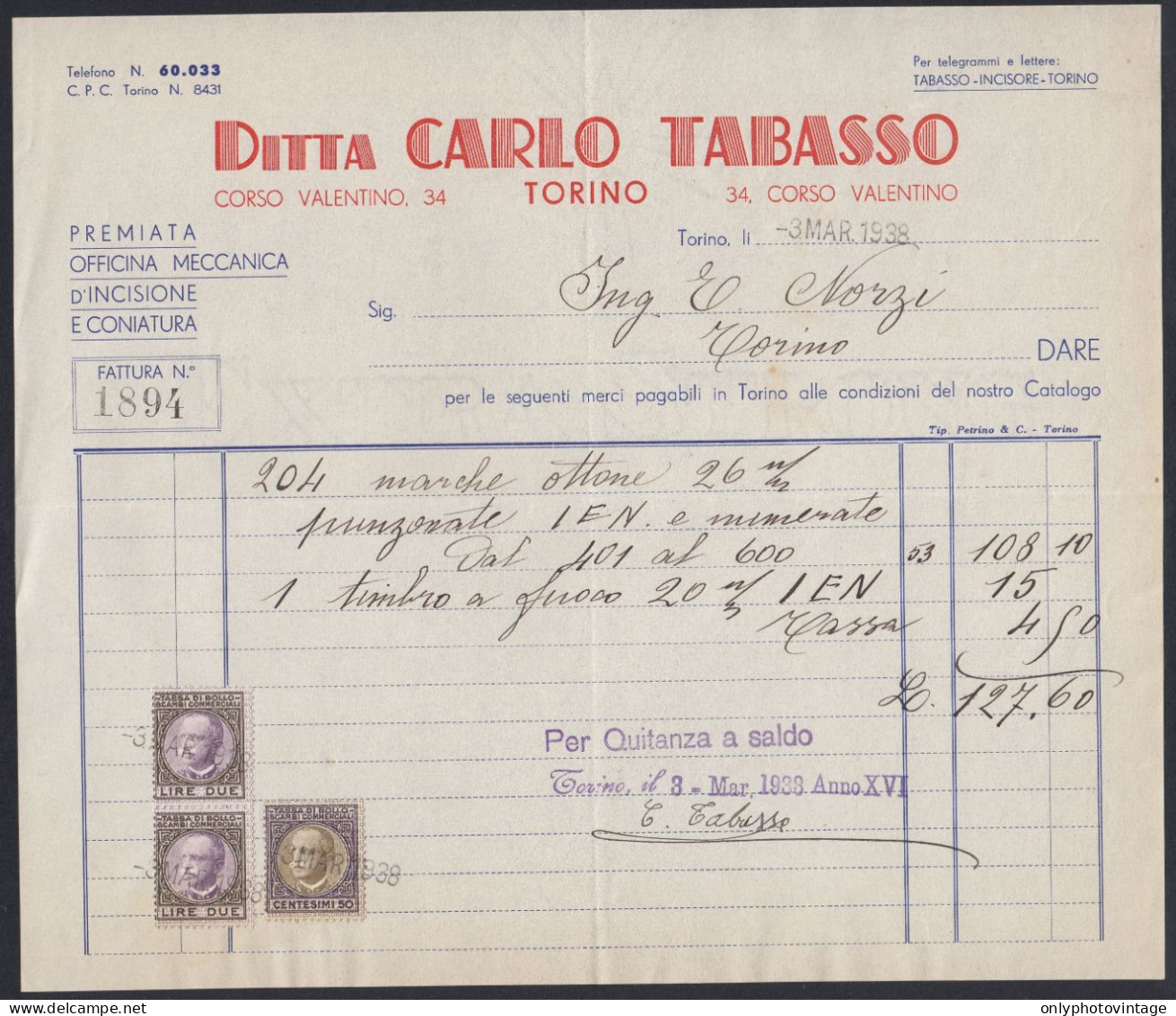 Torino 1938 - Ditta Carlo Tabasso - Fattura Epoca - Marche Da Bollo - Italia