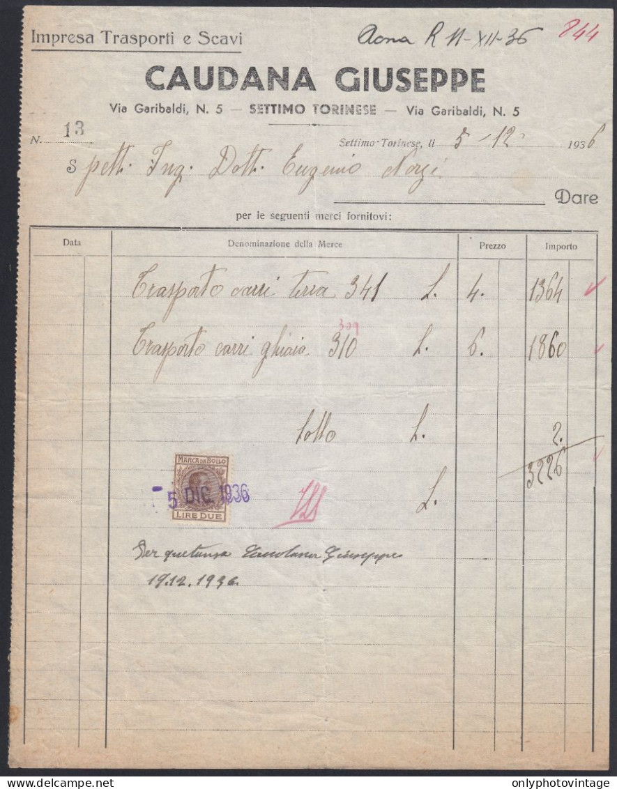Settimo Torinese 1936 - Caudana Giuseppe - Trasporti E Scavi - Fattura - Italië