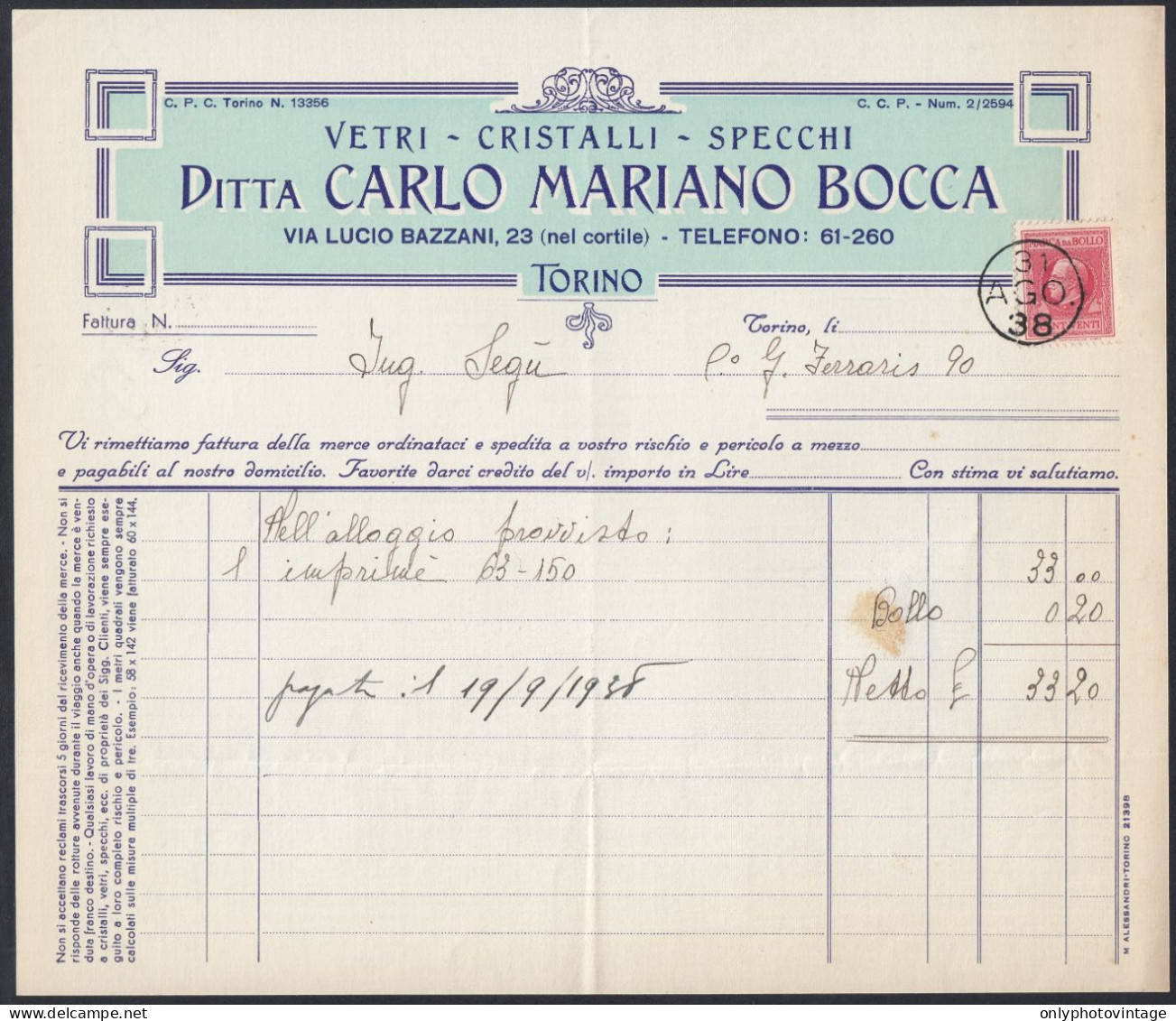 Torino 1938 - Ditta Carlo Mariano Bocca - Vetri - Specchi - Fattura Epoca - Italia