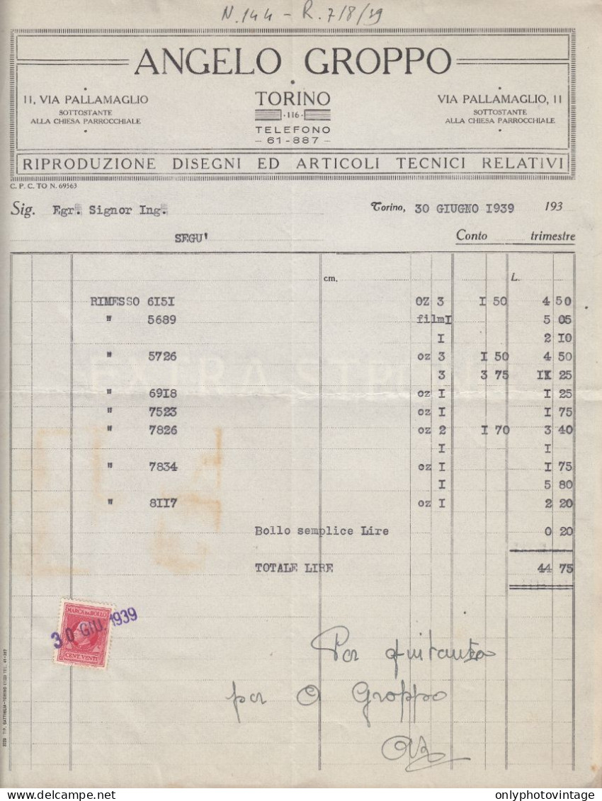 Torino 1939 - Angelo Groppo - Articoli Tecnici - Fattura - Marca Da Bollo - Italia
