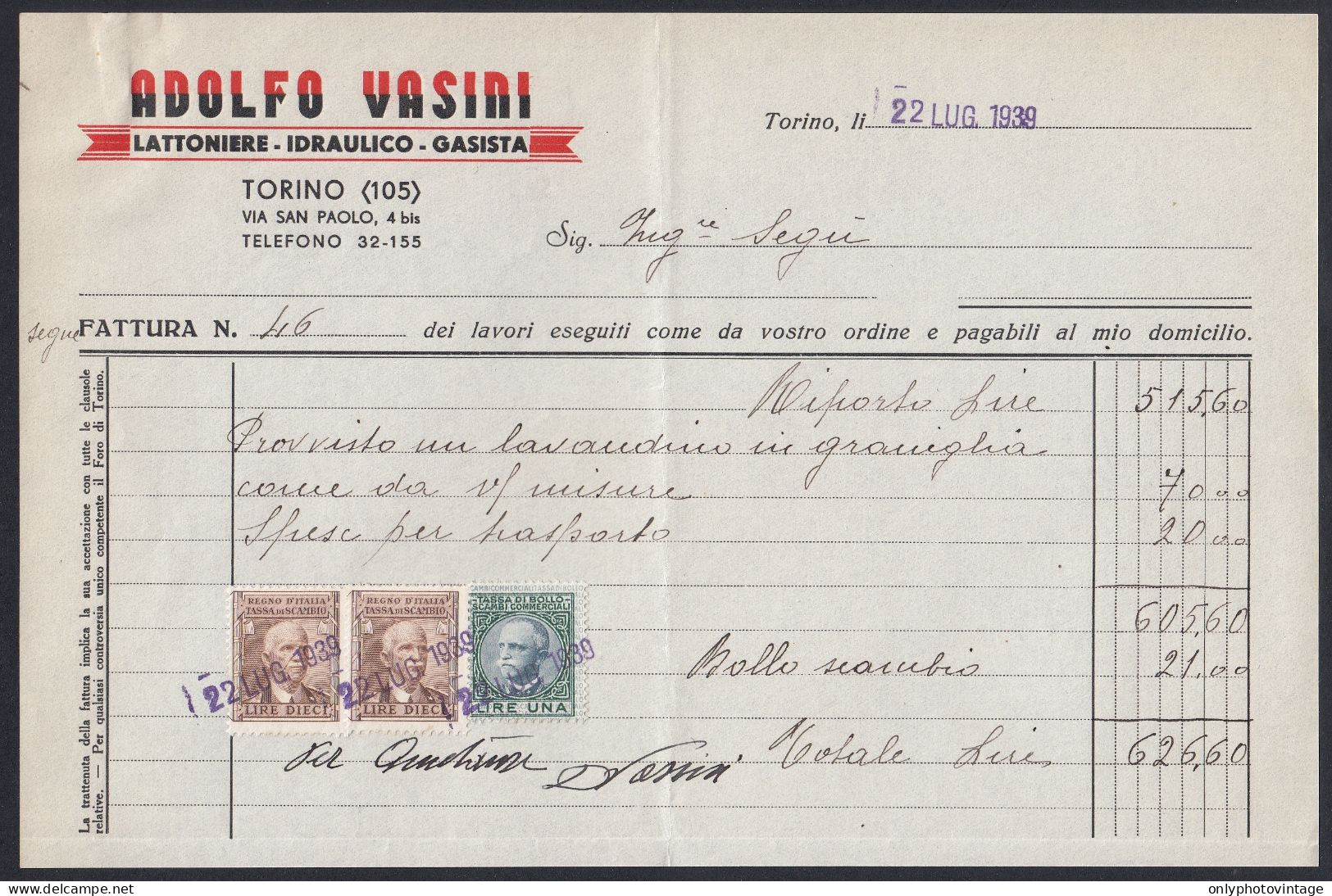 Torino 1939 - Adolfo Vasini - Idraulico - Gasista - Fattura - Marche - Italia