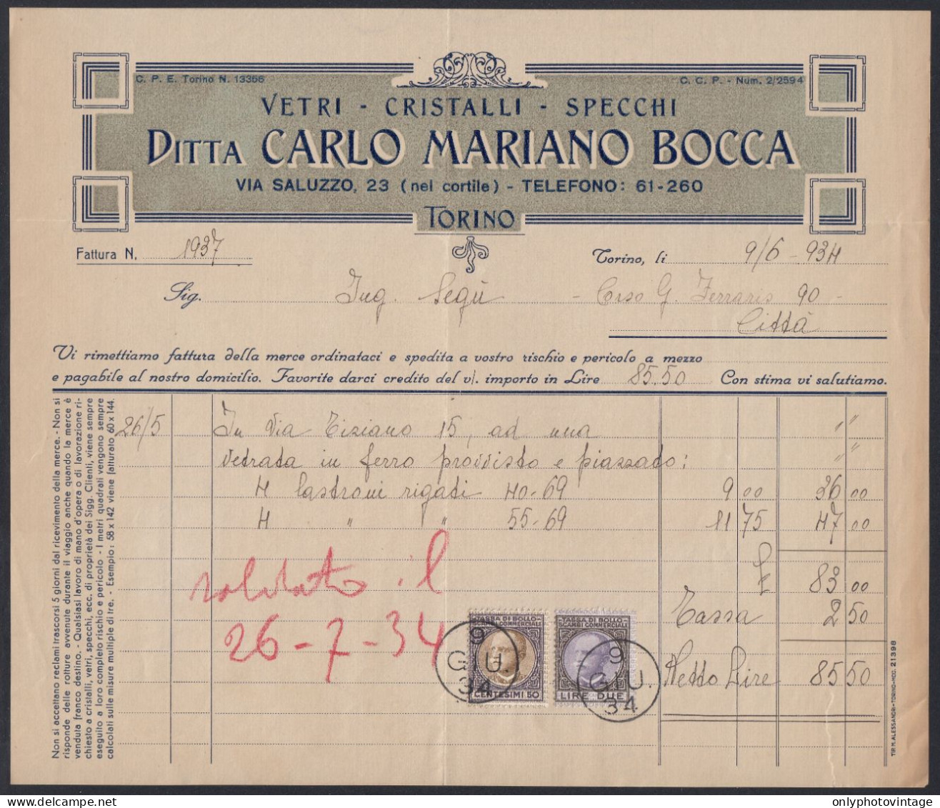 Torino 1934 - Ditta Carlo Mariano Bocca - Vetri - Specchi - Fattura Epoca - Italie