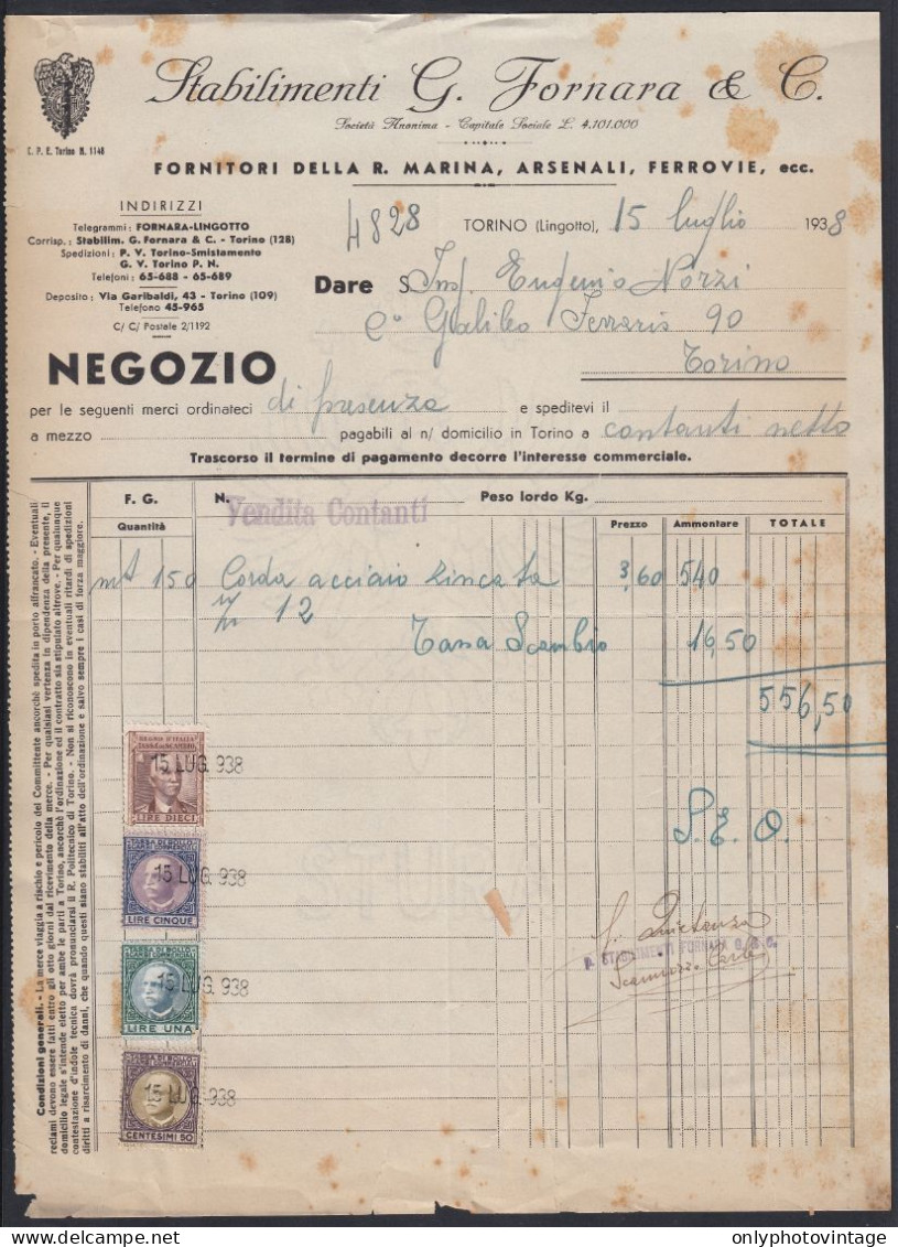 Torino 1938 - Stabilimenti G. Fornara & C. - Fornitori Marina - Fattura - Italia