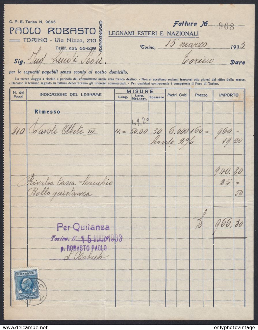 Torino 1933 - Paolo Robasto - Legnami Esteri E Nazionali - Fattura Epoca - Italia