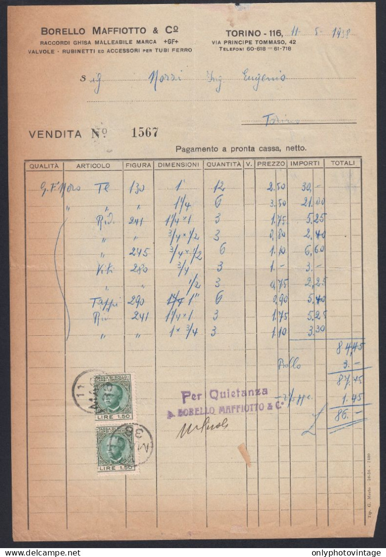 Torino 1938 - Borello Maffiotto & C. - Fattura Epoca - Marche Da Bollo - Italien