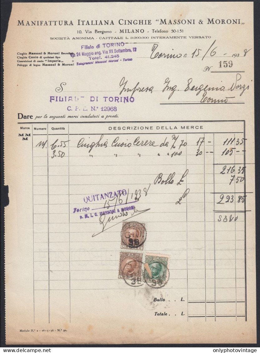 Torino 1938 - Manifattura Italiana Cinghie Massoni & Moroni - Fattura - Italie