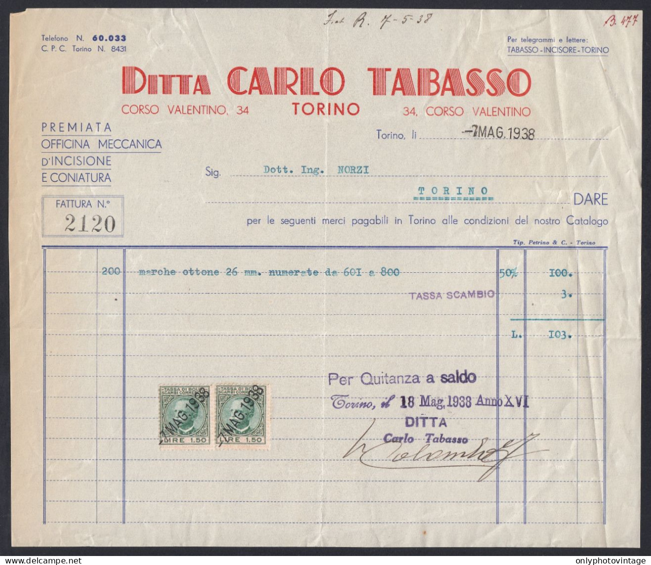 Torino 1938 - Ditta Carlo Tabasso - Fattura Epoca - Marche Da Bollo - Italie