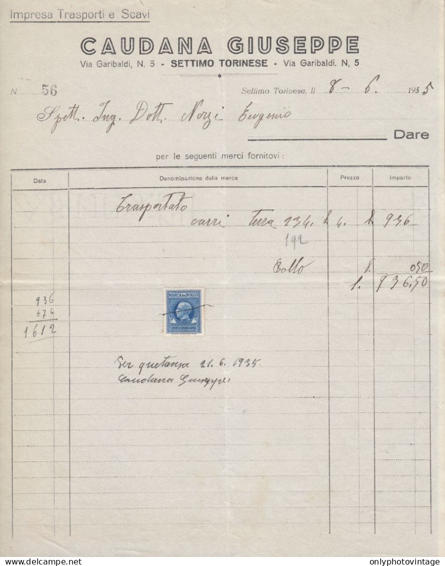 Settimo Torinese 1935 - Caudana Giuseppe - Trasporti E Scavi - Fattura - Italie