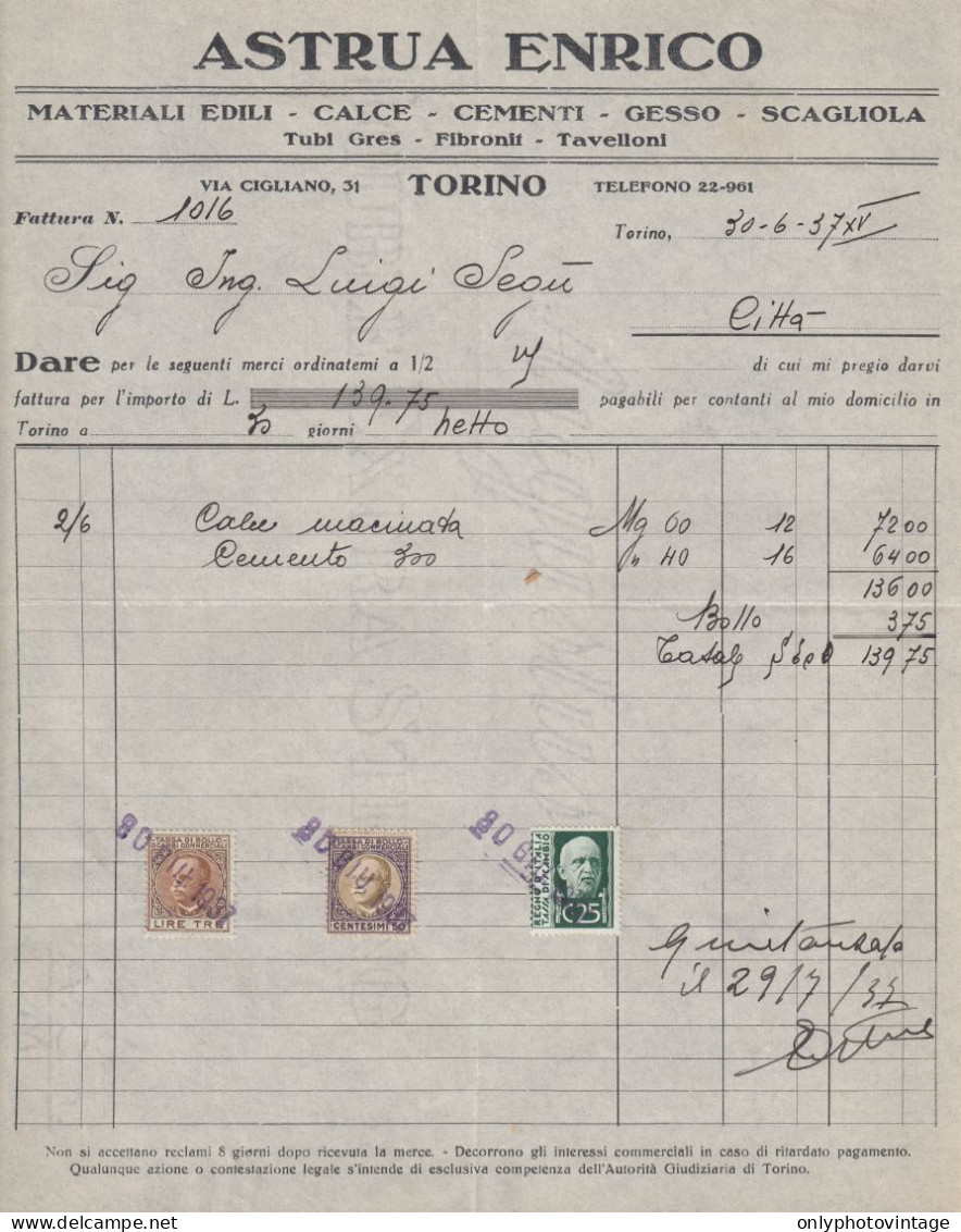 Torino 1937 - Astrua Enrico - Materiali Edili - Fattura - Marche Da Bollo - Italia