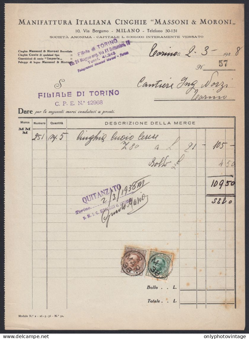 Torino 1938 - Manifattura Italiana Cinghie Massoni & Moroni - Fattura - Italie