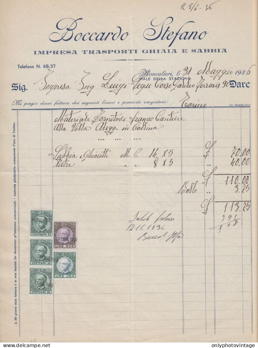 Moncalieri 1936 - Boccardo Stefano - Impresa Trasporti Ghiaia - Fattura - Italia