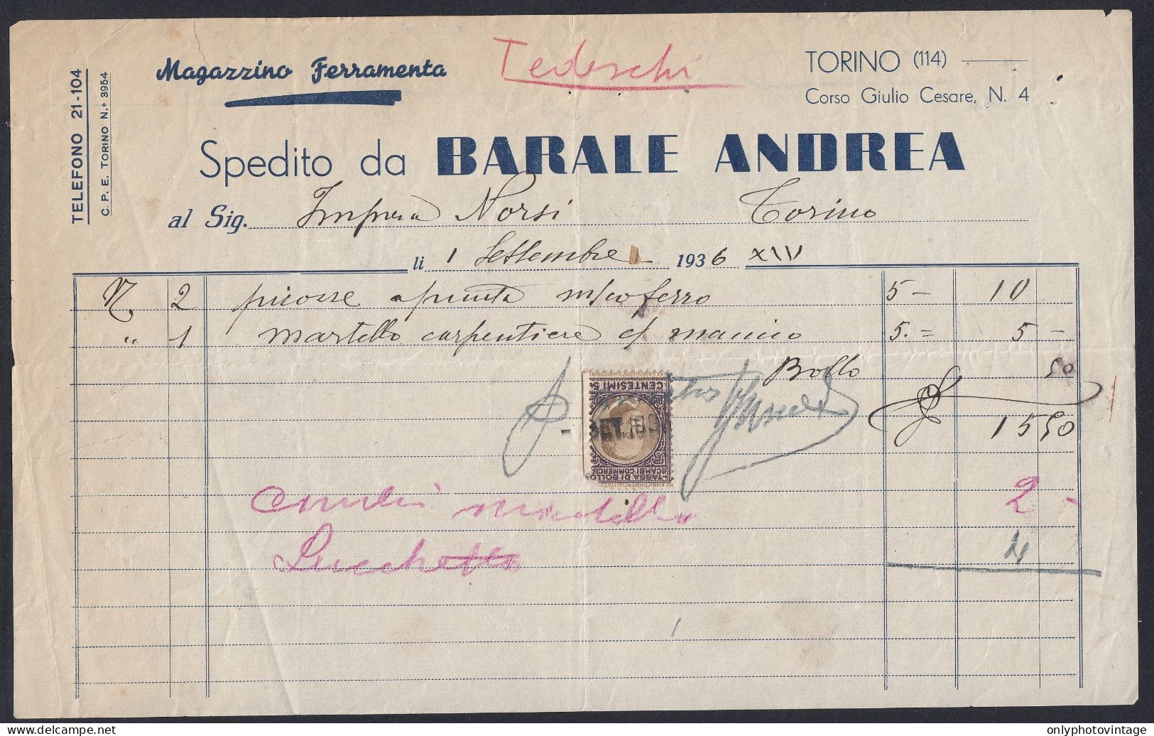 Torino 1936 - Barale Andrea - Ferramenta - Fattura Epoca - Marca Da Bollo - Italie