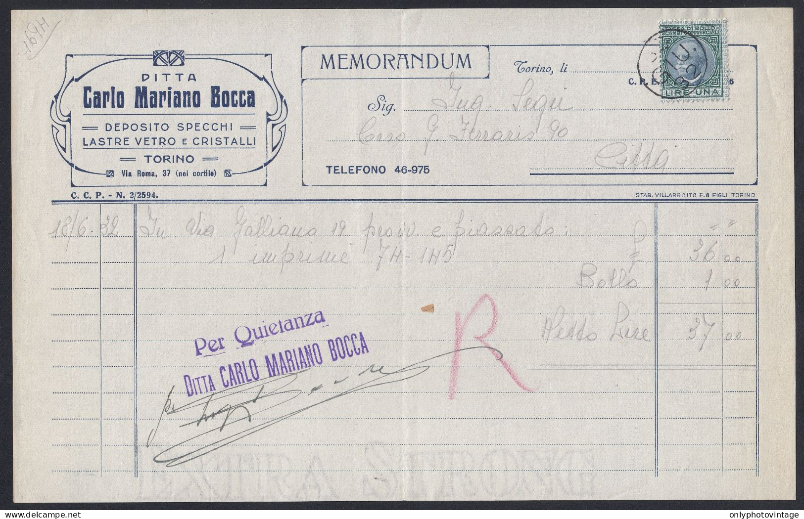 Torino 1932 - Ditta Carlo Mariano Bocca - Vetro E Cristalli - Memorandum - Italia