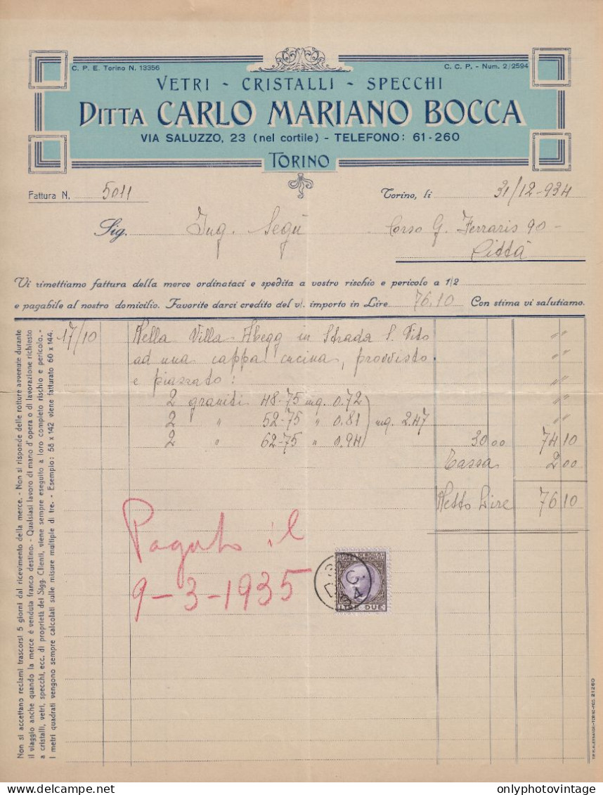 Torino 1934 - Ditta Carlo Mariano Bocca - Vetri - Specchi - Fattura Epoca - Italy