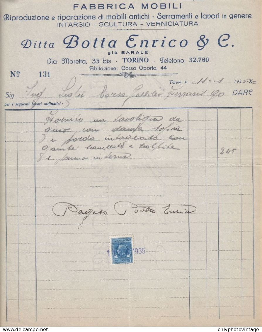 Torino 1935 - Ditta Botta Enrico & C. Già Barale - Mobili - Fattura Epoca - Italië