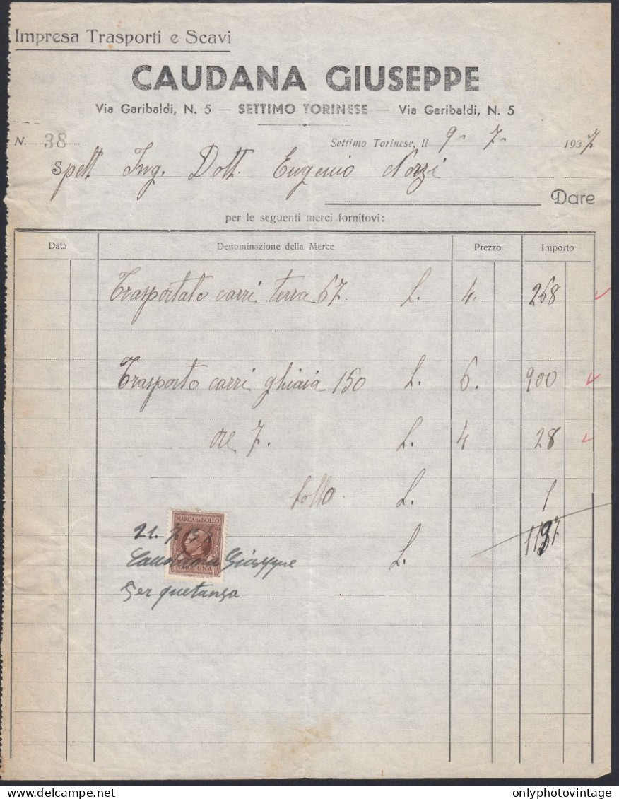 Settimo Torinese 1937 - Caudana Giuseppe - Trasporti - Fattura Epoca - Italie